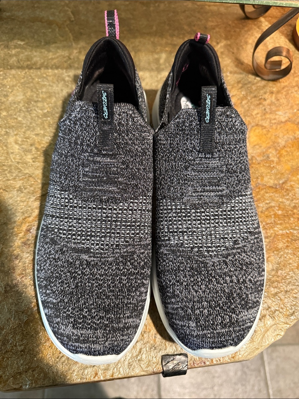 Skechers Women’s Black Slip-On Knit Sneakers with White Sole